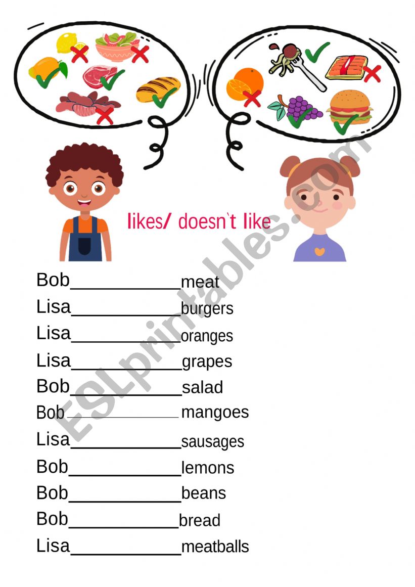 likes/doesn`t like with food worksheet